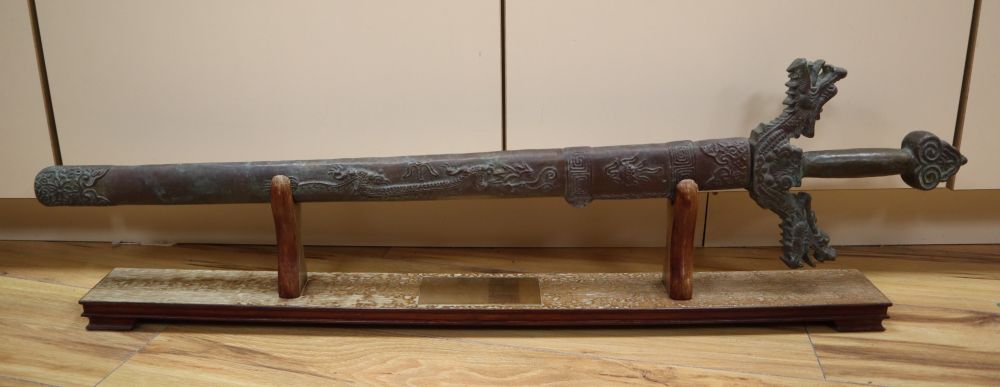 A Chinese bronze model of a sword, length 93cm